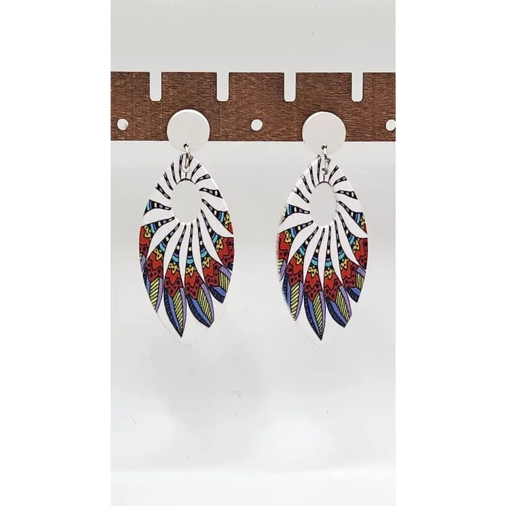 Boho Oval Open Hoop Geometric Swirl Pattern Dangle Statement Earrings